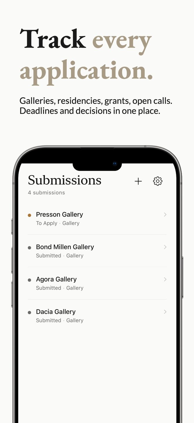 The Submissions tab tracking gallery applications and their status