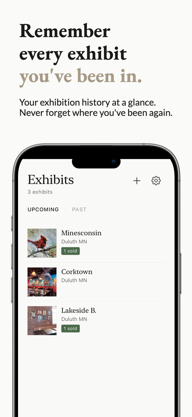 The Exhibits tab listing upcoming and past exhibitions