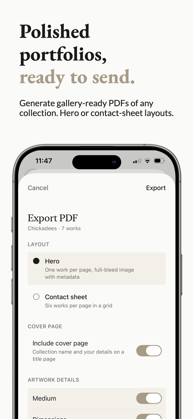 PDF portfolio export with hero and contact-sheet layouts