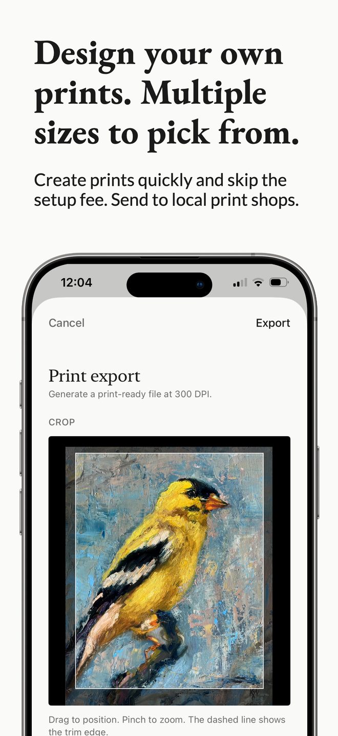 Print export screen generating a 300 DPI print-ready file