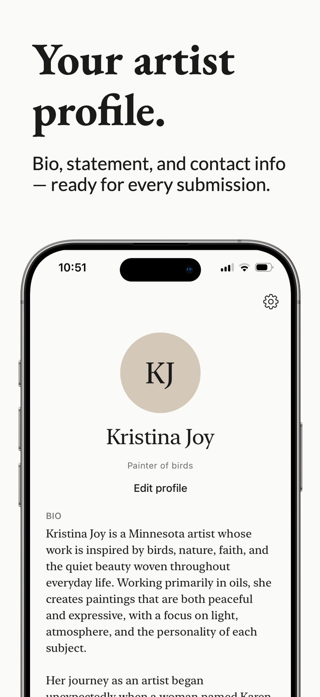 The artist profile with bio, statement, and contact details
